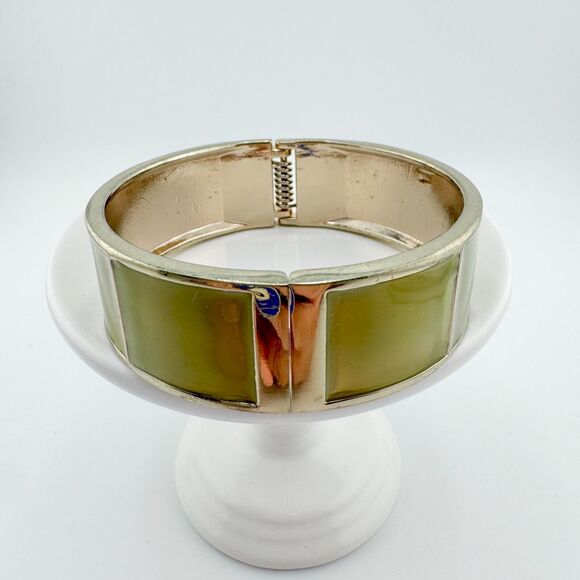 Vintage Enamel Bangle Bracelet Olive Green Silver Tone MCM Geometric Mod Retro - Picture 5 of 9